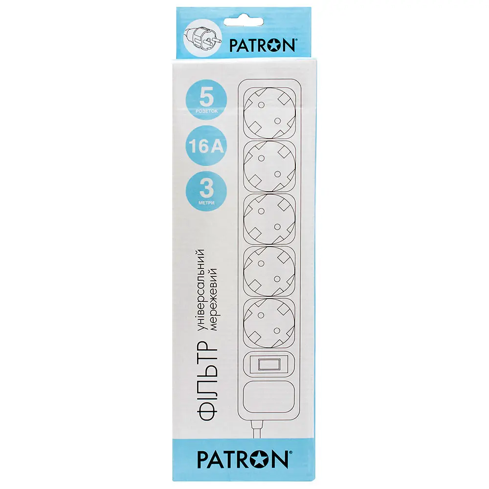 Сетевой фильтр Patron 3 m 5 розеток черный SP-1653 Сетевой фильтр Patron 3 m 5 розеток черный SP-1653 — фото 2