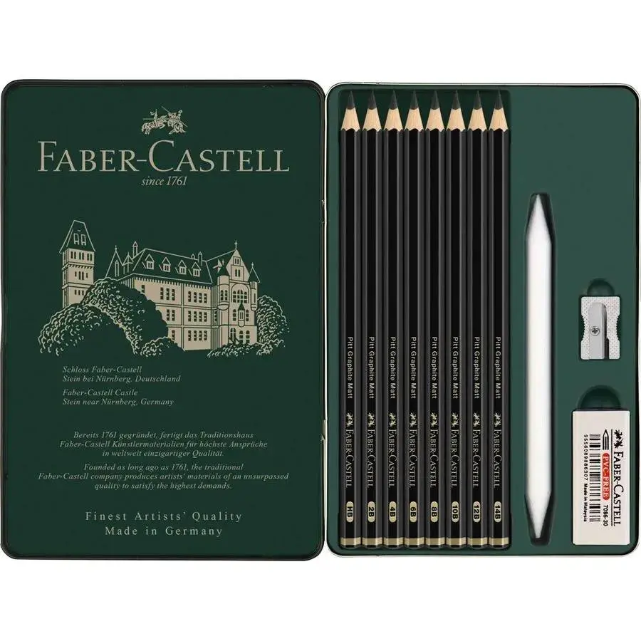 Набор чернографитных карандашей Faber-Castell Pitt Graphite Matt 11 предметов, металлическая коробка 115220 — фото 2
