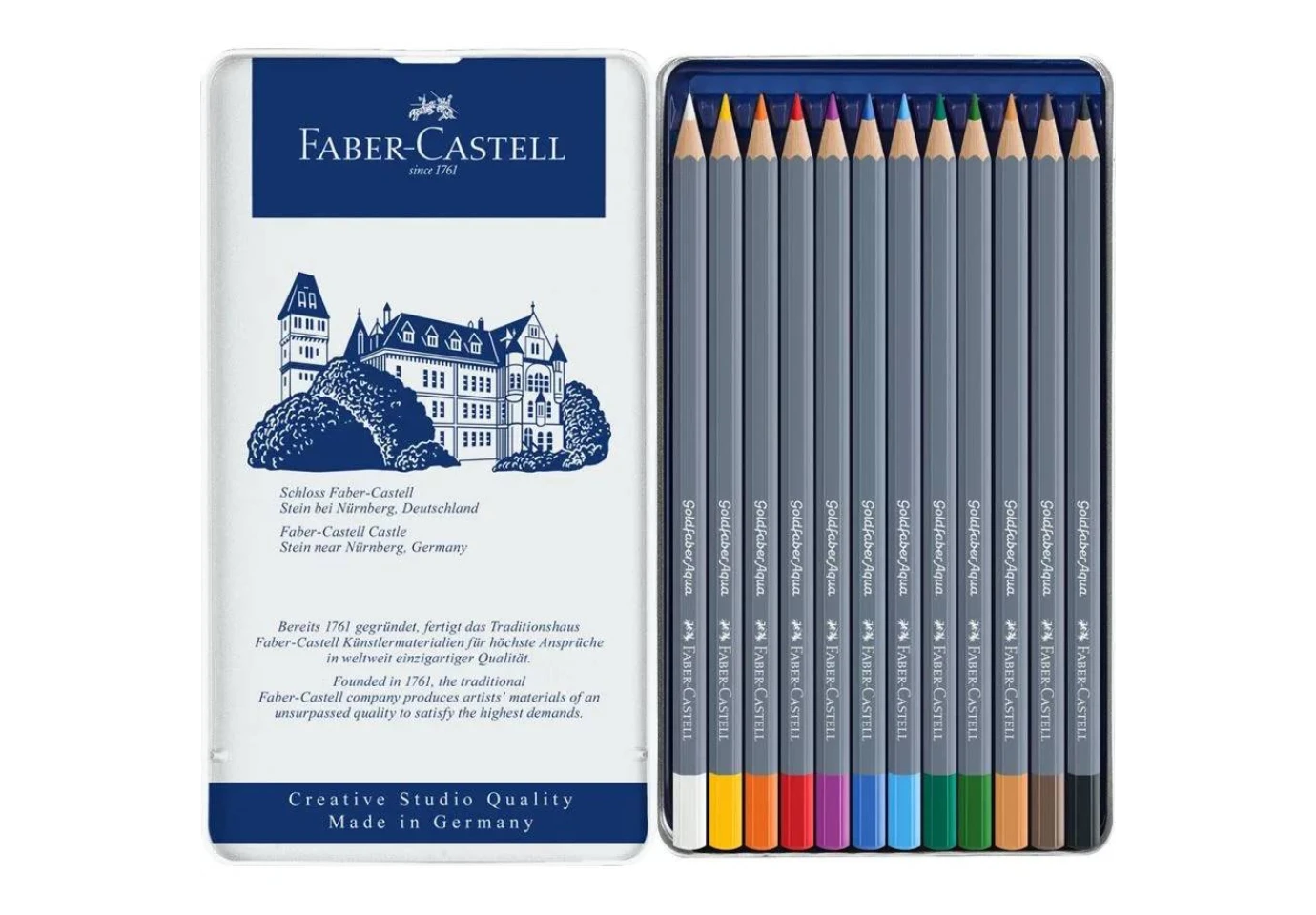 Карандаши акварельные цветные Faber-Castell Goldfaber 12 цветов, металлическая коробка 114612