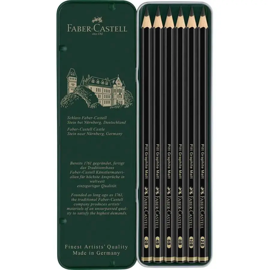Набор карандашей графитных Faber-Castell Pitt Graphite Matt, 6 штук 2B-12B, металлическая  коробка 115207 — фото 2