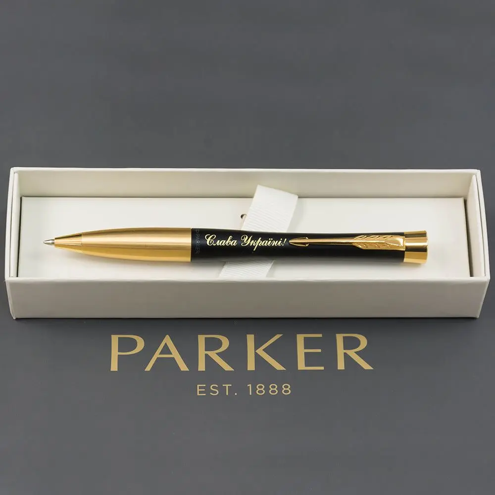 Ручка Parker Urban Muted Black з позолотою Тризуб на торці + Слава Україні, кулькова 30035_T011y — фото 5