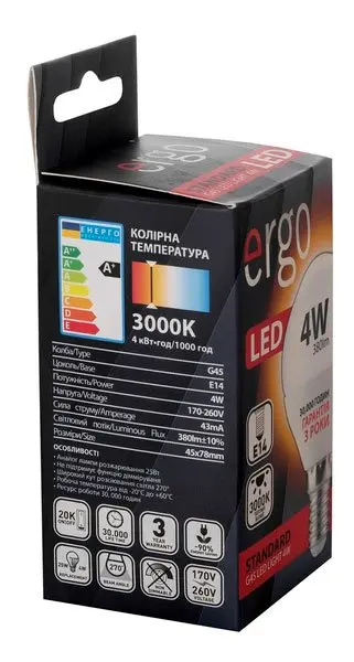 Електролампа Ergo led g45 e14 4w 220v Тепло біла 3000k LSTG45E144AWFN — фото 3