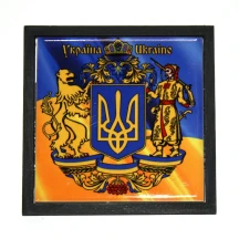Плакетка керамічна в дерев'яній рамці Державна символіка 10,5 х 10,5 см 007