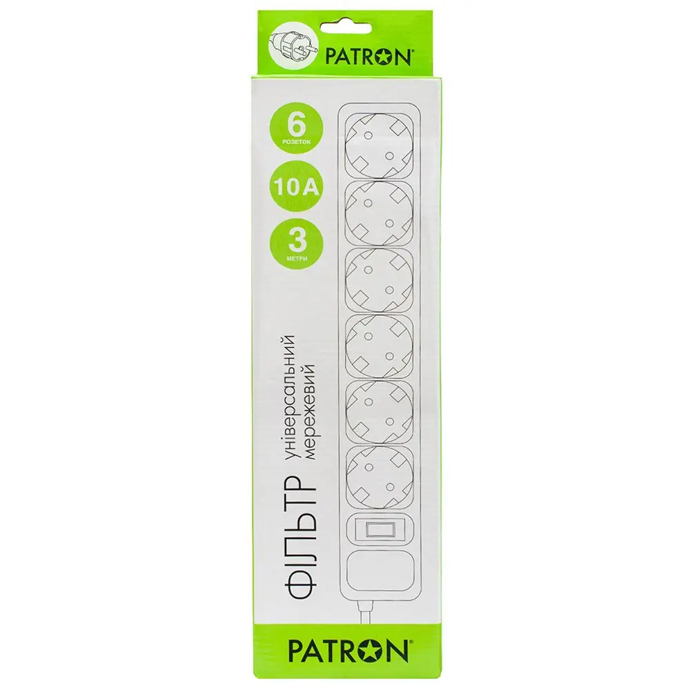 Сетевой фильтр Patron 3 m 6 розеток черный SP-1063 Сетевой фильтр Patron 3 m 6 розеток черный SP-1063 — фото 2