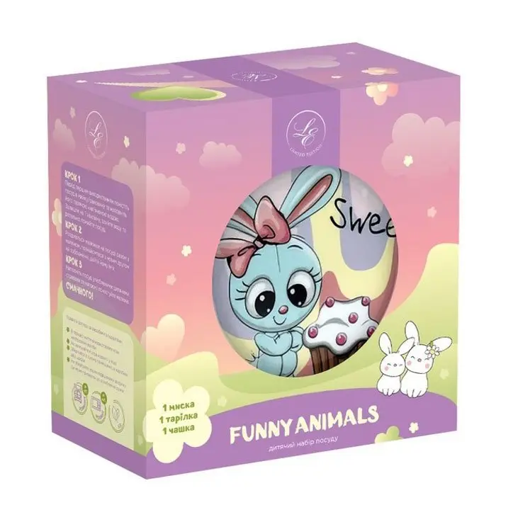 Набір дитячої посуди Limited Edition Sweet Bunny, (тарілка 18 см + миска 15 см + чашка 230 мл) YF6026 — фото 2