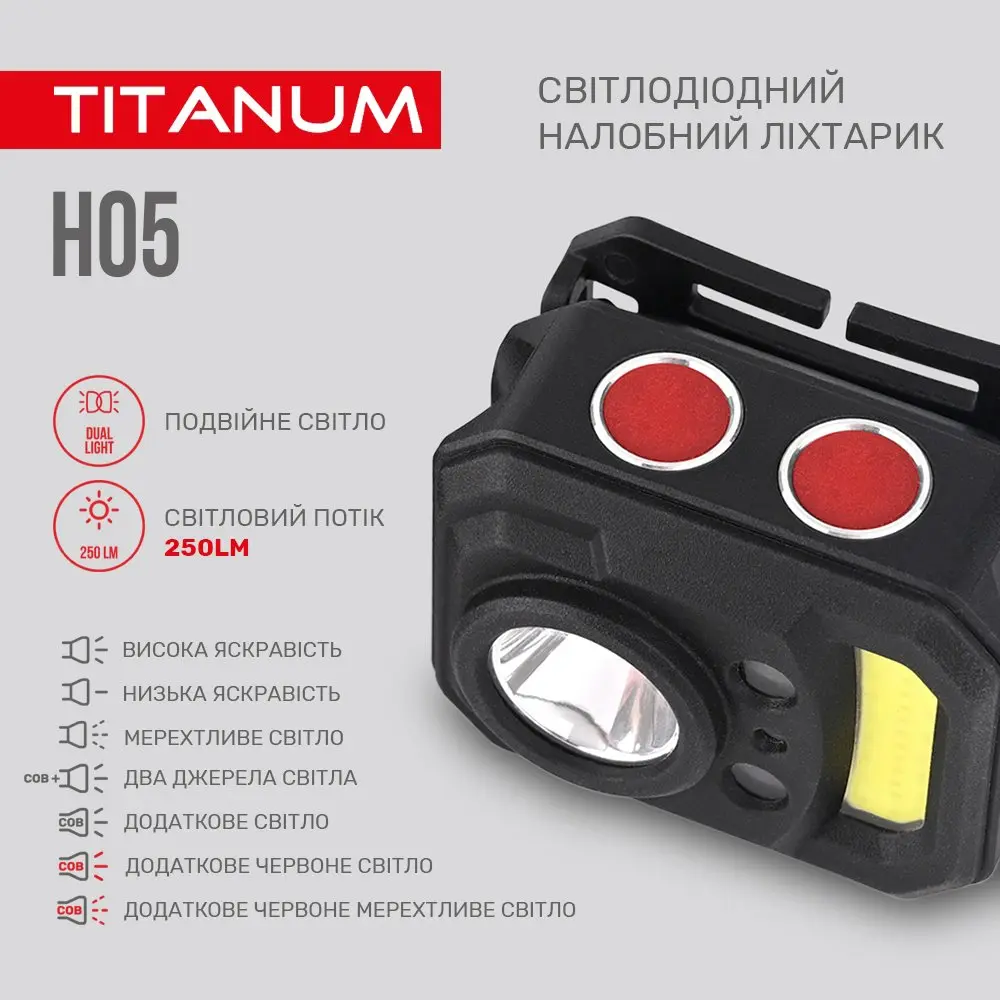 Ліхтар налобний Titanum світлодіодний 250 Lm 6500 k TLF-H05 — фото 4