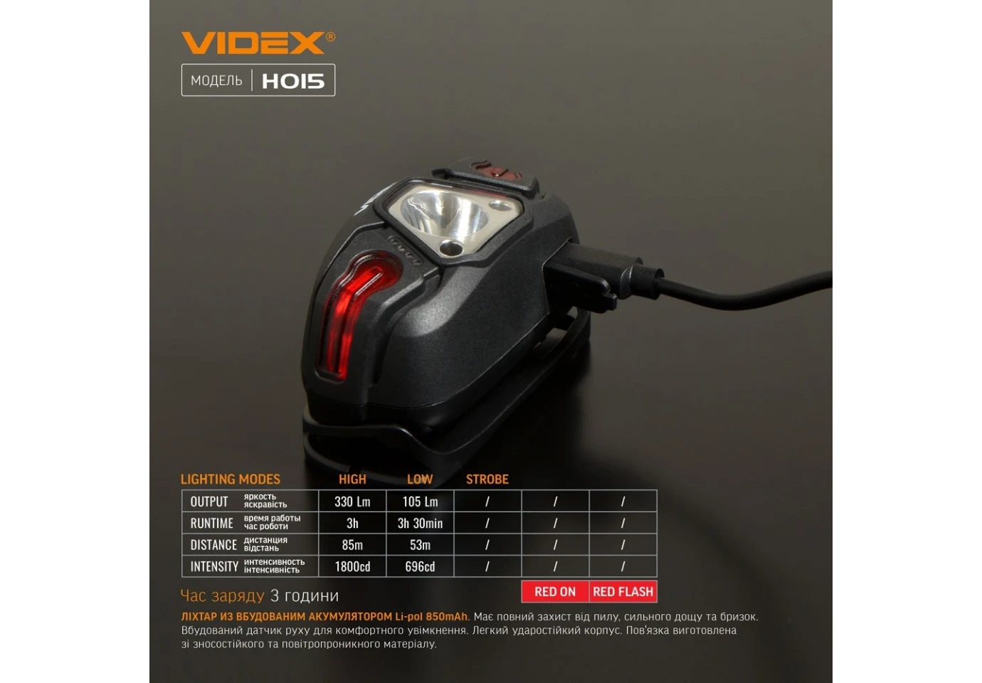 Фонарь налобный с красным светом Videx светодиодный 330Lm 5000K +  3Lm VLF-H015