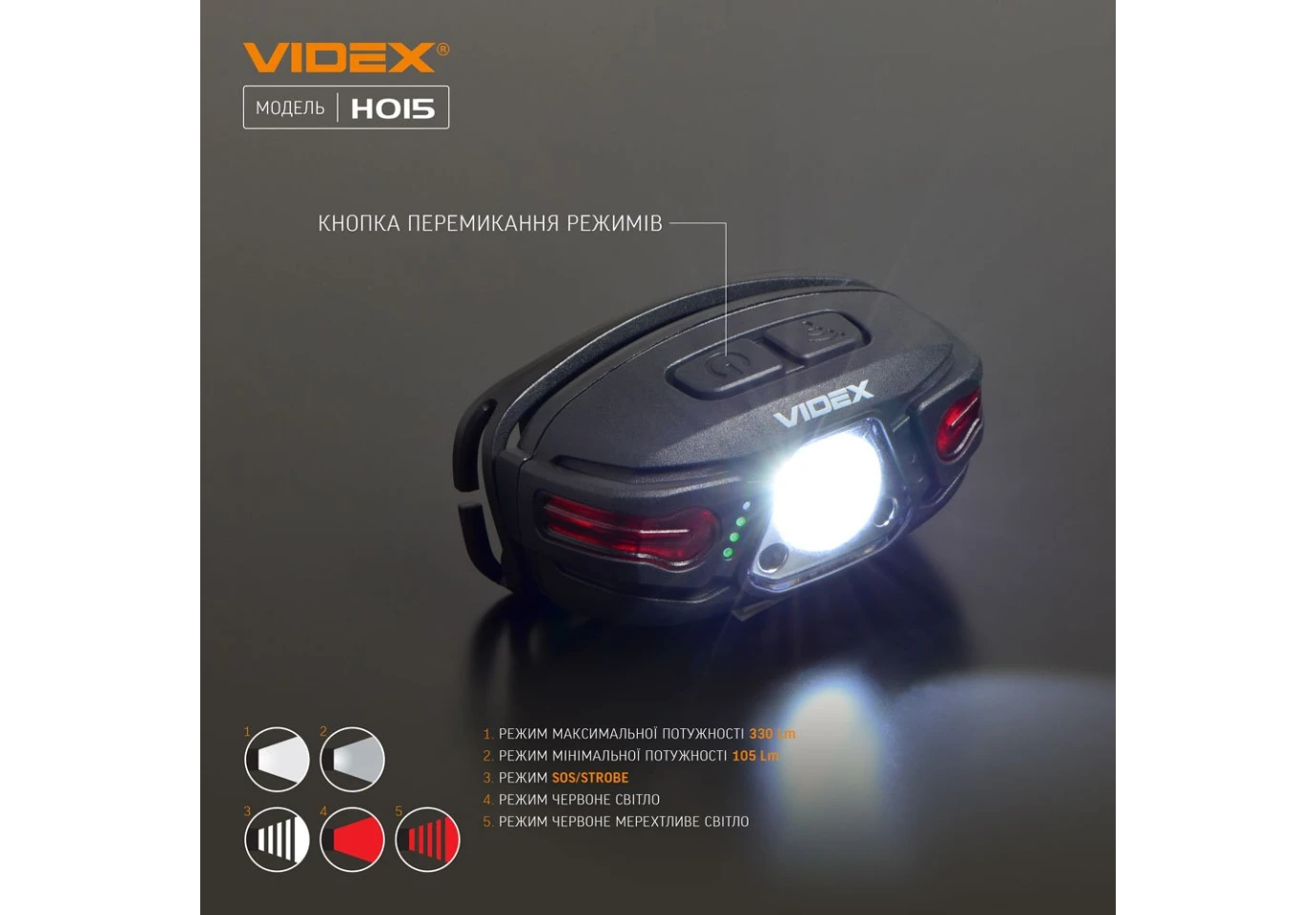 Фонарь налобный с красным светом Videx светодиодный 330Lm 5000K +  3Lm VLF-H015