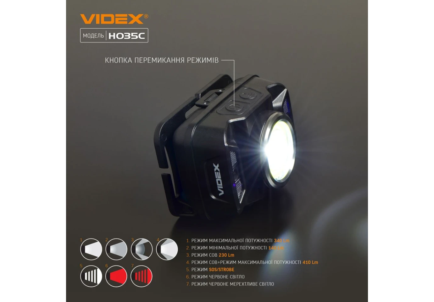 Фонарь налобный с красным светом Videx светодиодный 410Lm 5000K + 2.5Lm VLF-H035C