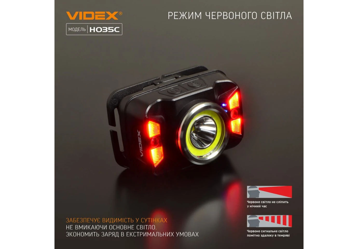 Фонарь налобный с красным светом Videx светодиодный 410Lm 5000K + 2.5Lm VLF-H035C