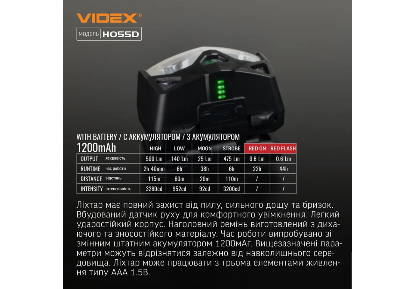 Фонарь налобный с красным светом Videx светодиодный 500Lm 5000K + 0.6Lm VLF-H055D