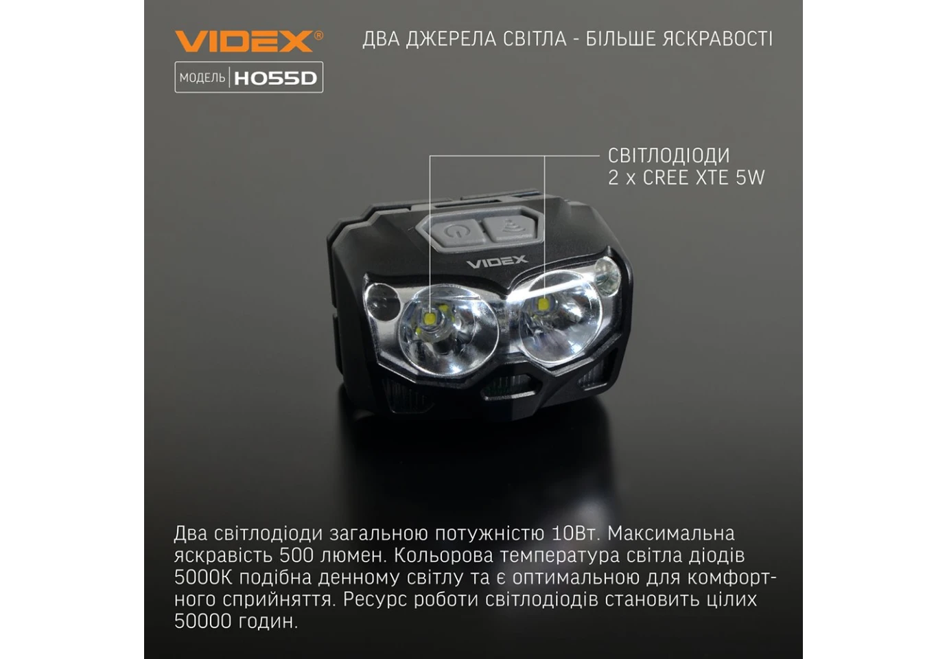 Фонарь налобный с красным светом Videx светодиодный 500Lm 5000K + 0.6Lm VLF-H055D