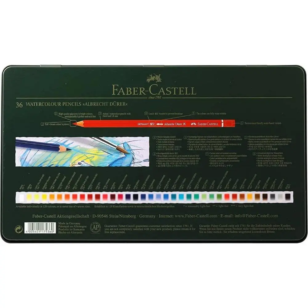 Олівці акварельні кольорові Faber-Castell Albrecht Durer 36 кольорів, металева коробка 117536 — фото 3