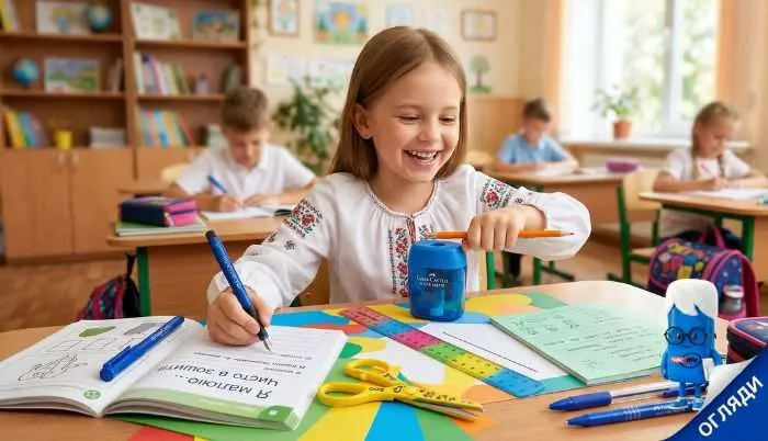 Дитина-шульга пише в зошиті спеціальною ручкою для ліворуких