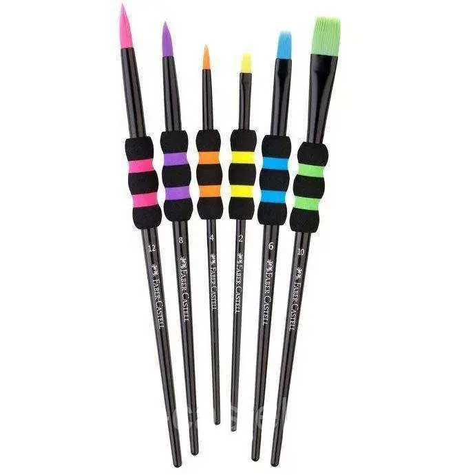 Набір пензликів Faber-Castell, 6 штук, чорні з круглими та плоскими кольоровими кінчиками 481622 — фото 2